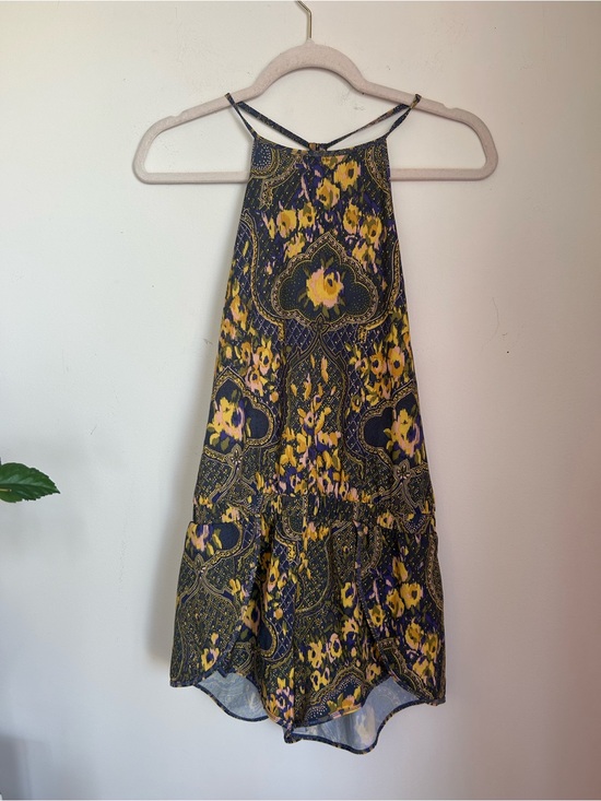 Pants - Sleeveless Floral Paisley Halter Romper in Navy and Mustard